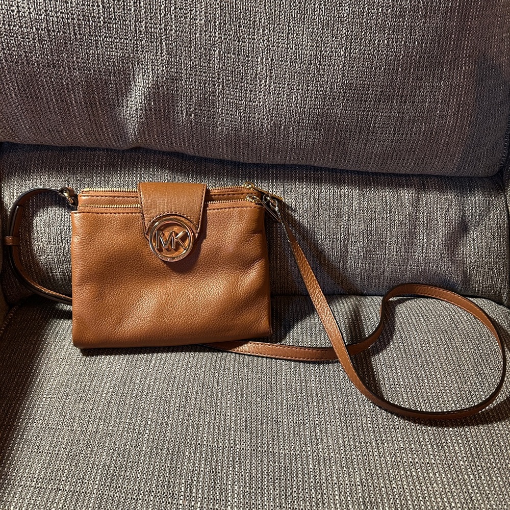 Michael Kors Cognac Leather Crossbody with Signature MK Medallion